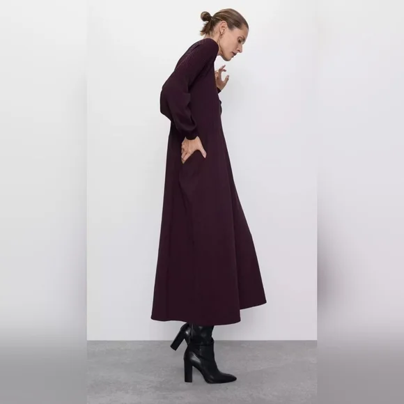 Zara Ribbed Balloon Sleeve Maroon Knit Dress Large Jumper Sweater Maxi Stretch - Picture 6 of 11